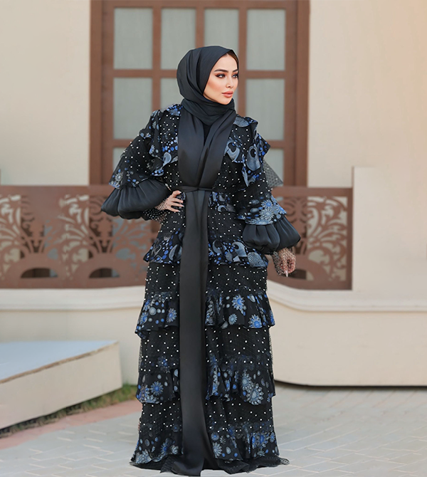 Abaya made from natural devoré, Italian guipure, and embossed French mesh