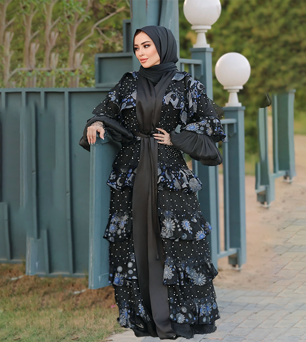 Abaya made from natural devoré, Italian guipure, and embossed French mesh