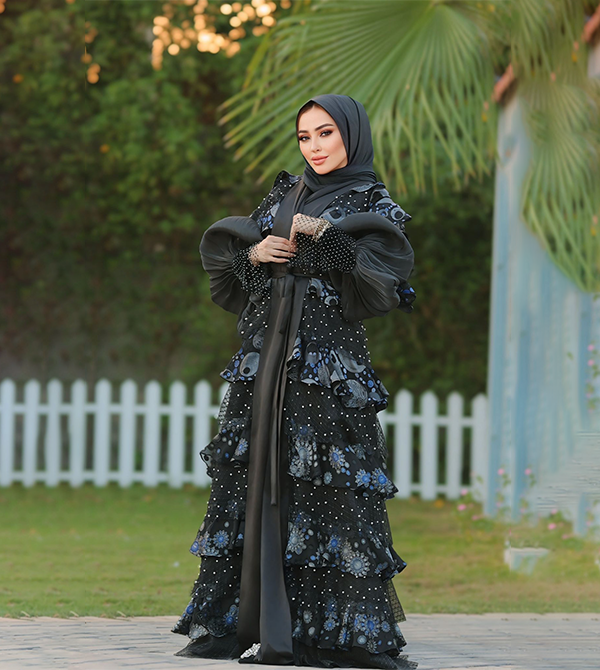 Abaya made from natural devoré, Italian guipure, and embossed French mesh